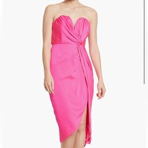 Do+Be Bright Pink Deep V Strapless  Side Twist Slit Midi Dress S NWT